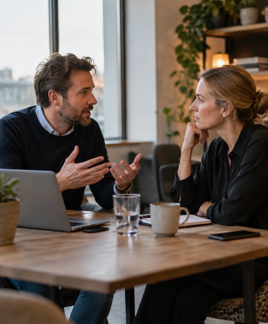 Twee professionals voeren een aandachtig gesprek